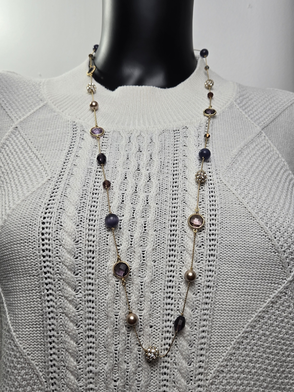 Talbots Gold-Tone Long Necklace with Purple Stones and Cream Pearls